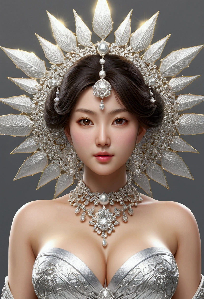 Huge big breasts, Facing forward 一つのShining white gold大仏,Wearing ornaments Attention to detail, Hyperrealism, Stereogram, God's Rays, 超High resolution, masterpiece, Textured skin, Highest quality, High resolution With a beautiful feminine face Shining white gold The background is also a color close to platinum.