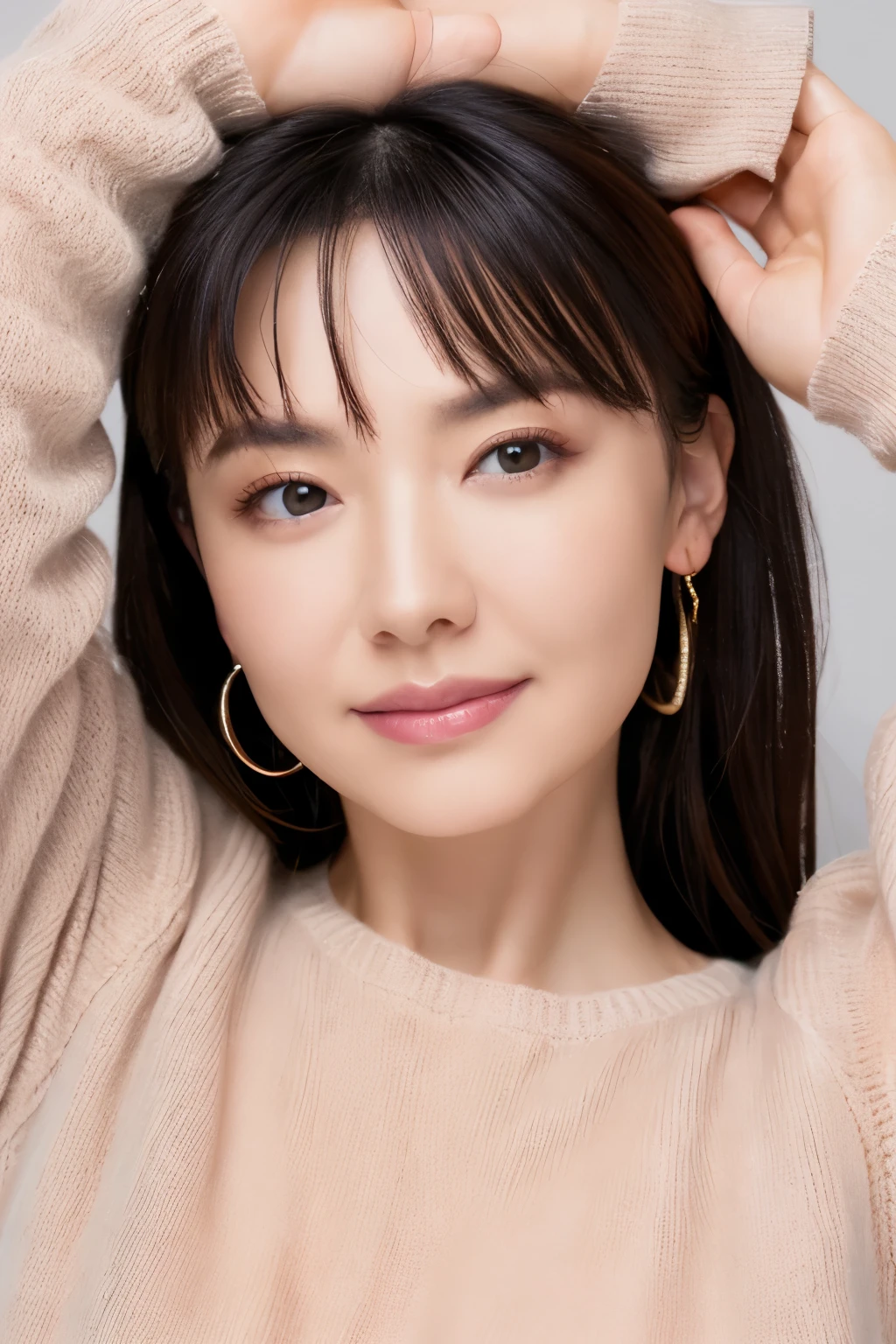 (highest quality,8K,masterpiece),#beautiful mature woman,
portrait of a mature woman,very deep,
very beautiful face,lip gloss,
small breasts,share,armpit,
Loose sweater,