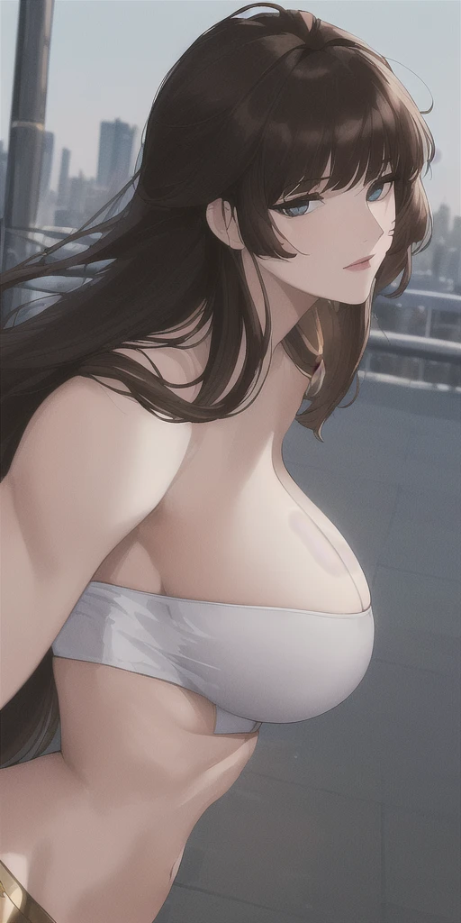 ((best quality, 8K, masterpiece :1.3)), Clear focus :1.2, Perfect body beauty: 1.4, Slim abdominal muscles: 1.2, ((Dark brown hair, Large Breasts: 1.2)), (Natural light, City Streets: 1.1 ), Highly detailed face and skin texture, Delicate eyes, Double eyelids, (((Dynamic Angle)))