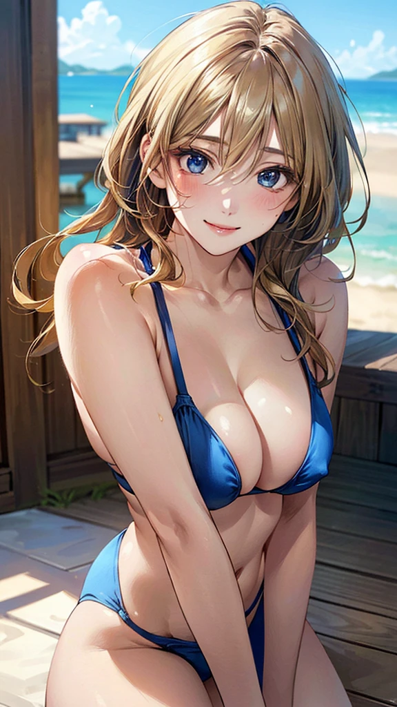 (masterpiece:1.3, Highest quality, Ultra-high resolution, Very detailed), (Realistic, photoRealistic:1.4), Beautiful illustrations, Perfect lighting, Natural light, colorful, Written boundary depth, NFSW,
View your viewers, 1 Girl, Japanese, high school girl, Perfect Face, Cute and symmetrical face, Shiny skin, Sunburned skin,
(Bob Hair, Blonde), Hair between the eyes, blue eyes, (Large Breasts, seductive Thighs, Big Ass), Thighs, sum,
Beautiful Hair, Beautiful Face, Beautiful attention to detail, Beautiful clavicle, Beautiful body, Beautiful breasts, 美しいThighs, Beautiful feet, Beautiful fingers,
(Beautiful views), ((A dynamic pose)), (Micro Bikini), (Captivating smile,)