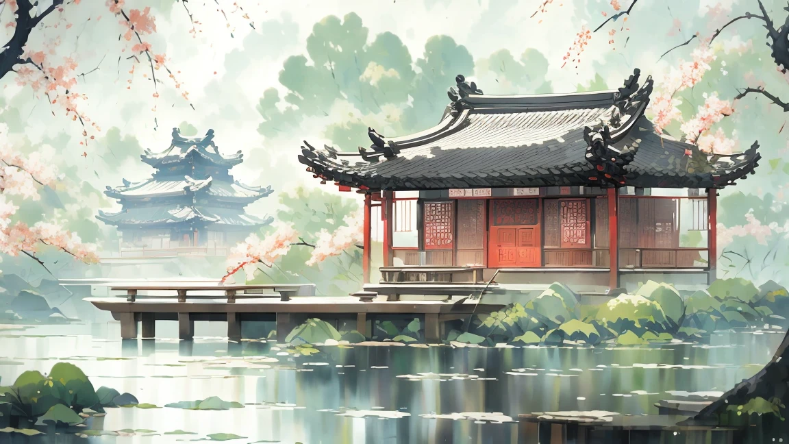 ancient style illustration chinese watercolor landscape painting watercolor willow river summer chinese landscape bare tree branch day flower leaf no human outdoors overgrown plants landscape tree tree water, Antique carved door beam, carved beam paintings, tables and chairs, potted plant, vase, porcelain, trees, flowers, masterpiece, recent quality, best details, beauty