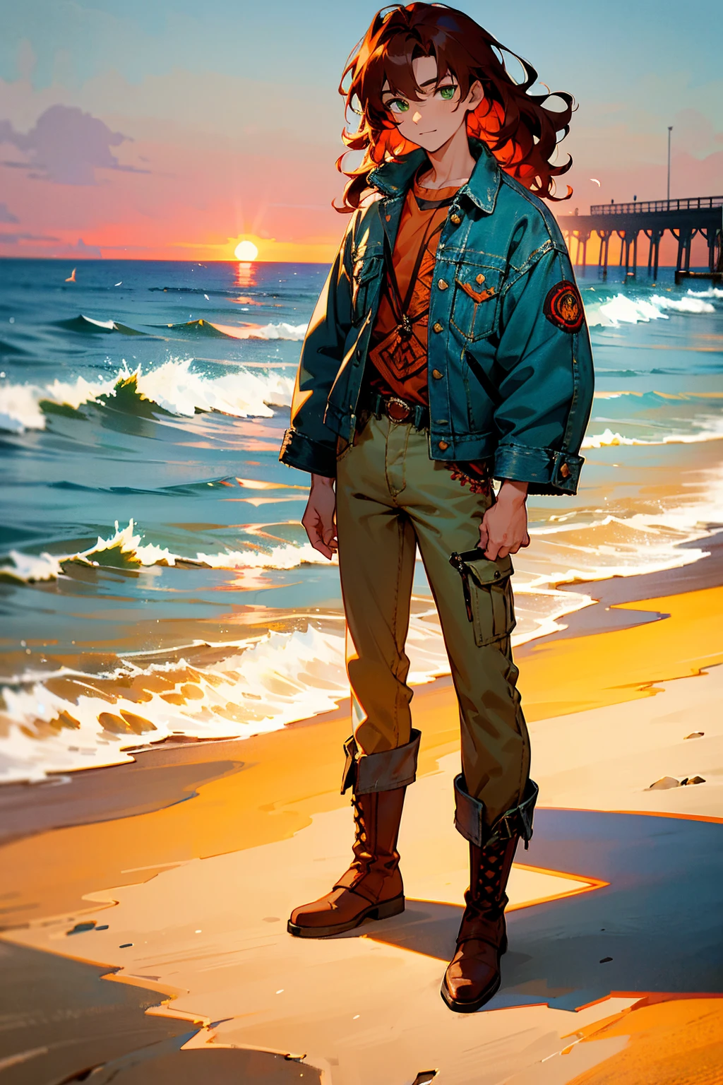 1male, wavy auburn hair, green eyes, relaxed expression, blue denim jacket with flame embroidery, baggy khaki pants, brown boots, beachside pier background with seagulls and sunset, detailed face, masterpiece, 8k, standing on path