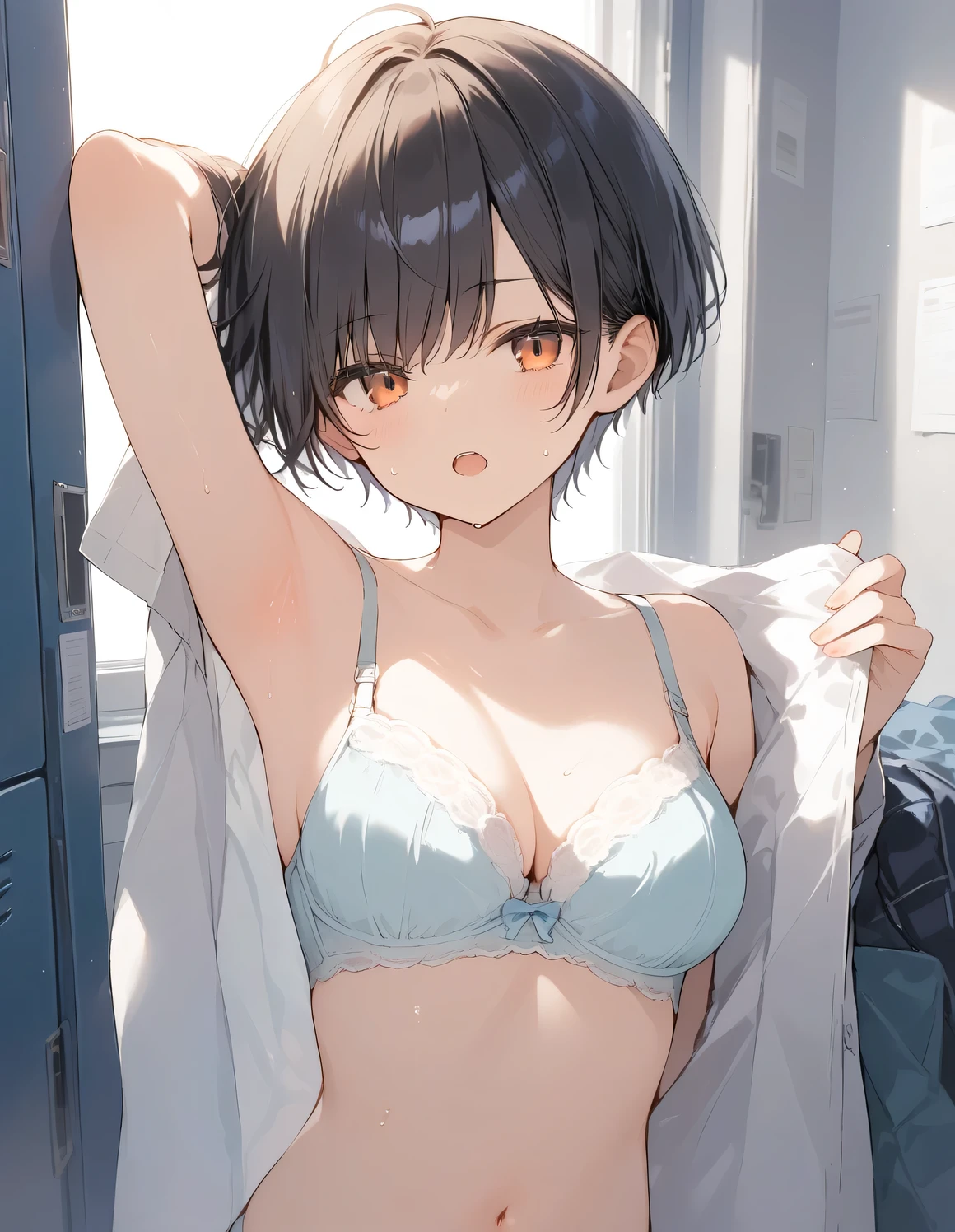 score_9, score_8_up, score_7_up, source_anime, best quality, masterpiece, official art, absurdres, highres, ultra-detailed,waifu2x,Collection: Serious Beauty,break,1girl, very short hair, pixie cut, breasts, beautiful detailed eyes, expressionless, school_uniform, underwear, bra, navel, sweat, open mouth, (yawn:0.3), sleepily,dressing, indoors, school locker room,Narrow space, break,(clear line illustration:1.2), super detailed skin,very high resolution, very aesthetic, Best sexual lighting powered by famous artist, 8k, beauty illustration,photoshop_(medium),,(Detailed Lighting),best anime 8k konachan wallpaper, pixiv contest winner,