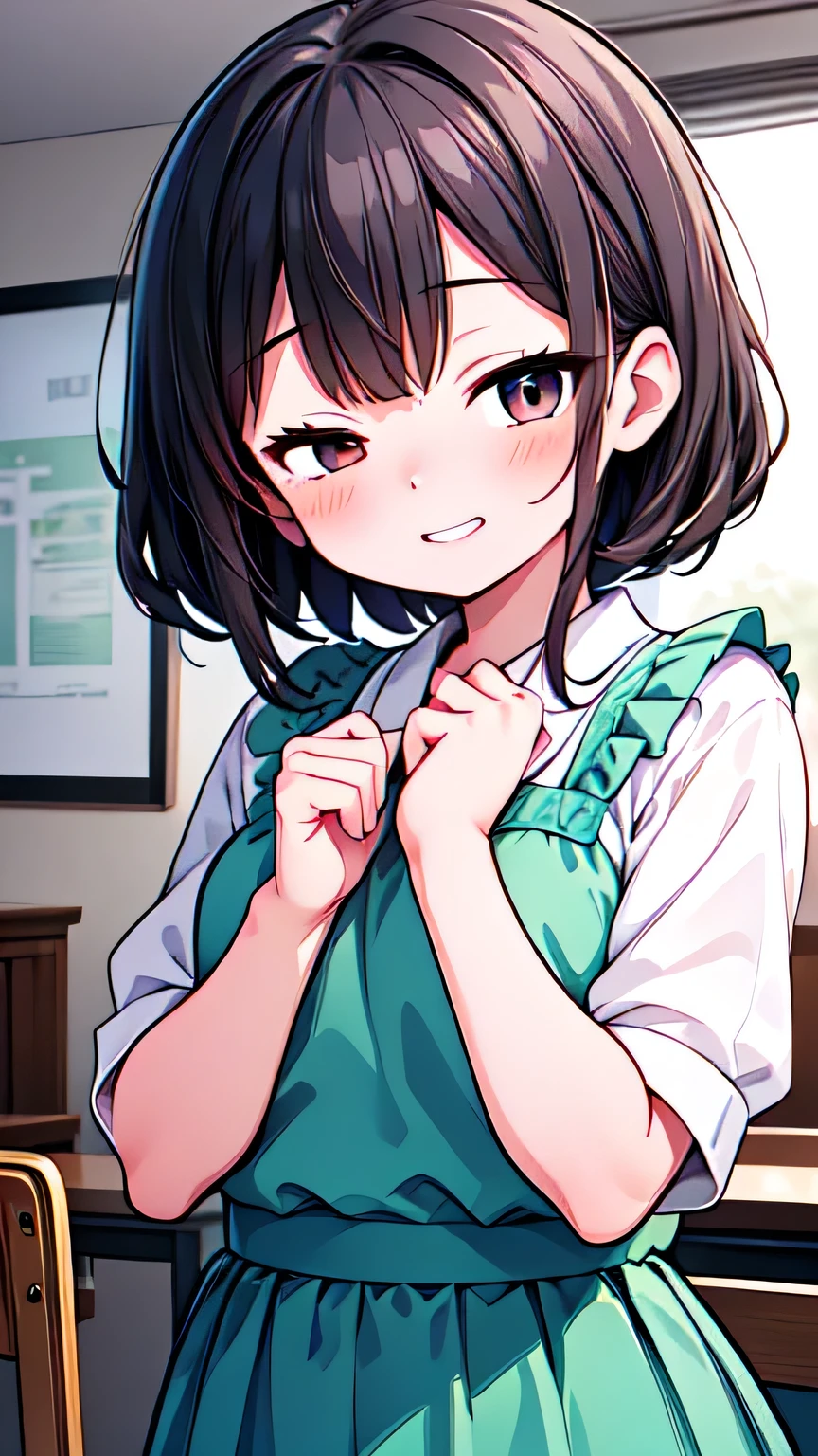 Let's think step by step,Highest quality, masterpiece, Ultra-high resolution, 8k,Show anime style ,Soft Line Art, Digital Enhancement, shojo anime touch, shojo manga core, Flowing fabric, close, Soft Drawing, Ultra-Definition Digital Anime Art, Clear facial depiction, Super detailed girl cartoon character art, Ultra-detailed manga style, Highest qualityの色,(((Upper body close-up))), (Tabletop,Highest quality:1.4),(8k,RAW Photos,Like the picture:1.2), Detailed skin,Detailed face,Woman with short brown hair,clear brown eyes, Anatomically perfect hands,A little chubby,Small breasts,Small butt,Japanese Idols,Cute Face,(((Both eyes closed))),Smiling with mouth open, showing upper teeth