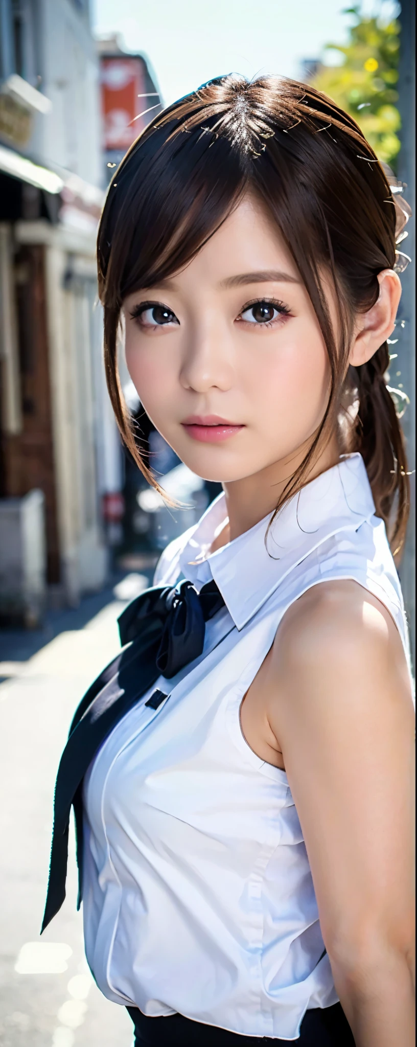 ((top-quality, 8K, masterpiece:1.3)), sharp focus:1.2, Beautiful Women in Perfect Style:1.4, Slender Abs:1.2, wearing sleeveless shirts wide pants, ((dark brown hair:1.2)), (natural soft light, City Street:1.1), Highly detailed facial and skin texture, A detailed eye, double eyelid, uniform, Female, 24 years old