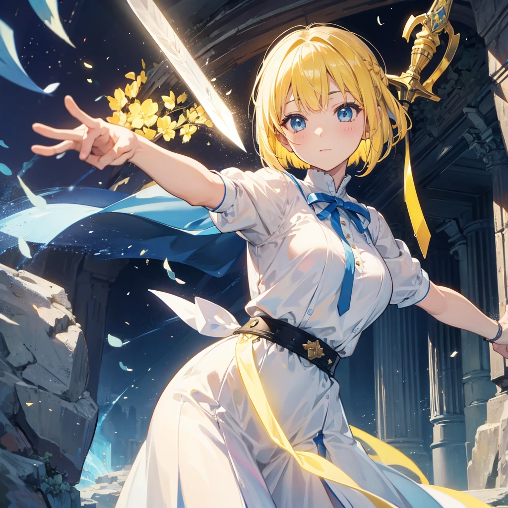 ((((Arthur　Pull the sword from the stone、Sword of Light))))　(((Yellow Hair、Short Bob　blue eyes　White Dress　Goddess of victory)))　((Bathed in light))　(Stained glass、Shine　Illuminated from above)　Shineエッジ　Shine背景