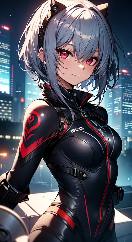 top-quality、Top image quality、in 8K,4K,masterpiece、、ultra-detailliert、Beautiful、ultra-quality、adult-like、Cool、girl with(((18year old、rubbersuit:1.2、、silber hair、a short bob、Red Eyes、erotick:1.1、Happiness、The tattoo)))、hiquality、visualart、Background with((nightcity:1.2))、masutepiece