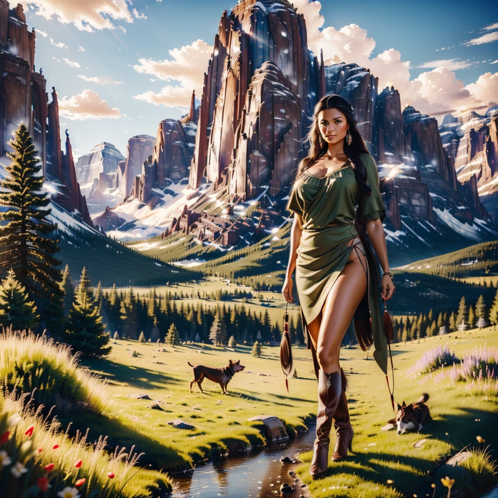 a beautiful native north american woman in sexy native American clothes with her dog, green grass, trees, flowers, mountains, full-lenght, high detailed, realistic full-lenght photo ((best quality)), ((masterpiece)), detailed soft oil painting, detailed background, dramatic cinematic lighting, soft edge lighting, professional, dramatic lighting, hard edge lighting, ultra quality, 4k,(masteriece, best quality, 8k, ultra highres, highres:1.4), extremely detailed