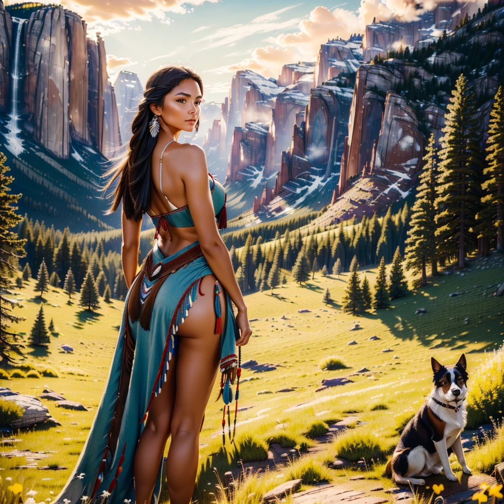 a beautiful native north american woman in sexy native American clothes with her dog, green grass, trees, flowers, mountains, full-lenght, high detailed, realistic full-lenght photo ((best quality)), ((masterpiece)), detailed soft oil painting, detailed background, dramatic cinematic lighting, soft edge lighting, professional, dramatic lighting, hard edge lighting, ultra quality, 4k,(masteriece, best quality, 8k, ultra highres, highres:1.4), extremely detailed