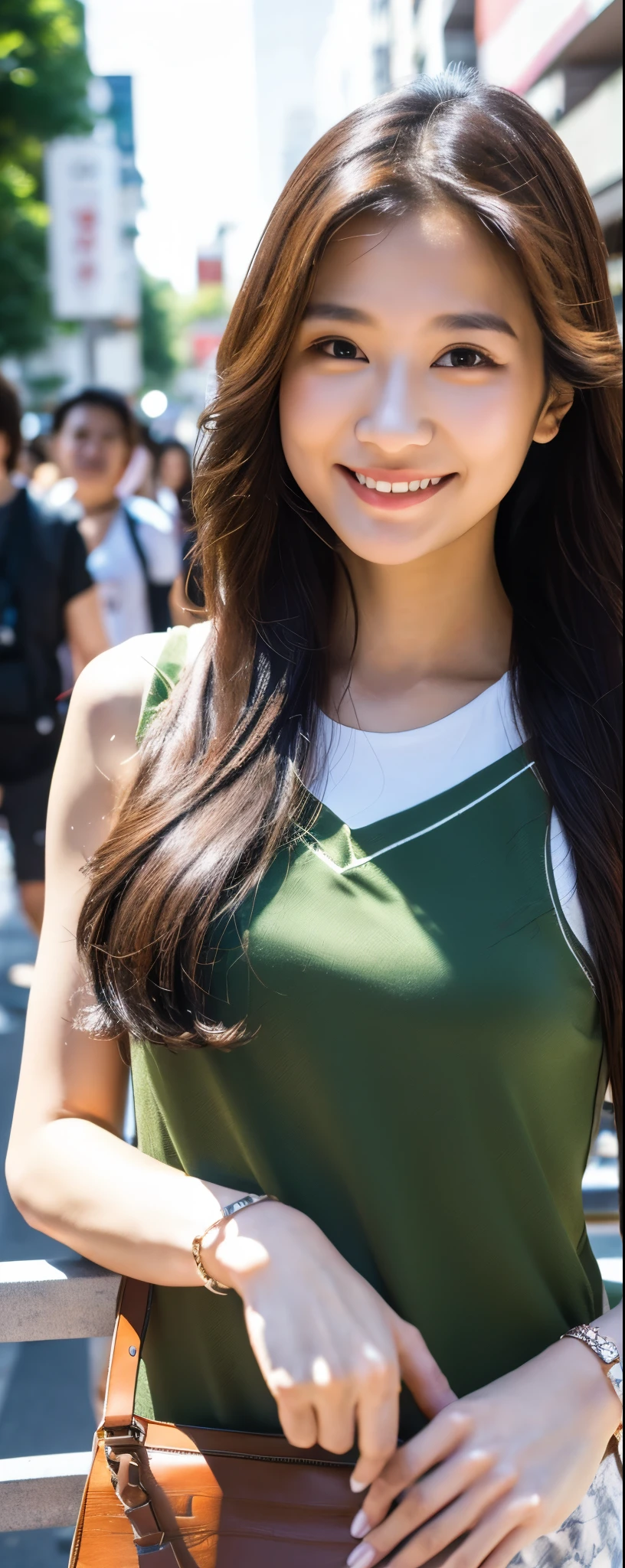 masuterpiece, Best Quality, Illustration, Ultra-detailed, finely detail, hight resolution, 8K photographic, Perfect dynamic composition, from front, 1 japanese girl, Beautiful detailed eyes, long wavy Hair, wearing sleeveless shirts wide pants, make up:1.1, Random poses,Smile, Omotesando Street Walk, 28 years girl