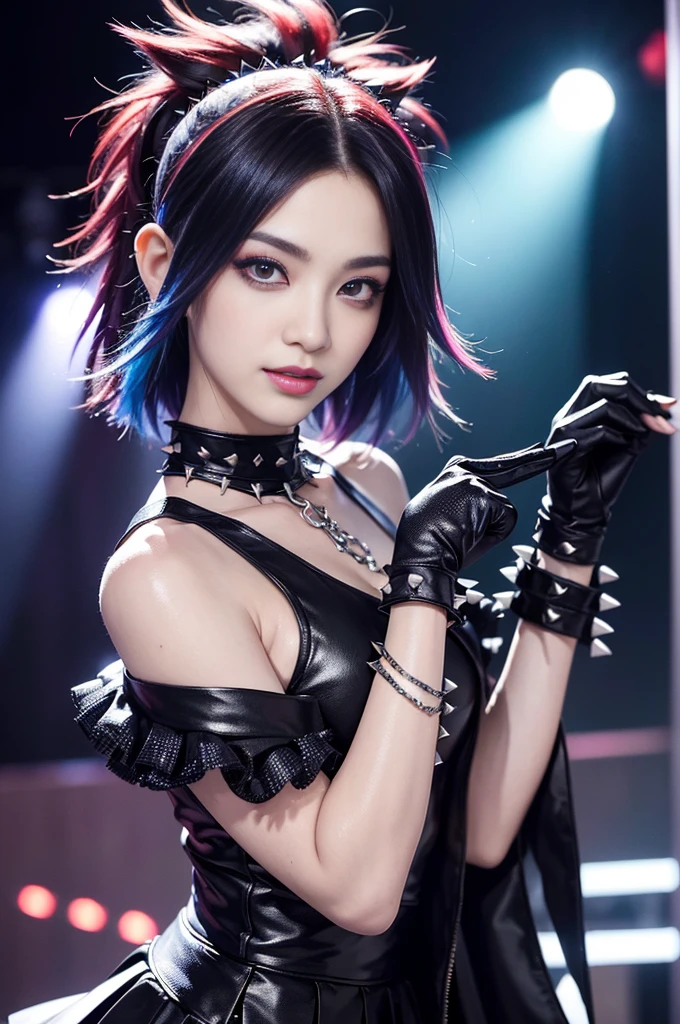 (masterpiece:1.4), (best quality:1.4), ultra high res, ultra high resolution, ((ultra detailed facial features)), HDR, (realistic, photorealistic, photo-realistic:1.37), 1 man, full body Esbian, sexy Japanese male, (-anime), vivid colors, ((vivid colors multicolor (Visual Kei style spikes very short hair))), (big smile), ultra detailed glam rock makeup, bold lipstick, long lashes, defined eyebrows, wearing large dramatic Nana Visual Kei jewelery, wearing a Nana Visual Kei cosplay, ((vivid Nana Visual Kei outfit)), layered clothing, look at the camera, cinematic light, rockstar festival stage background with multicolor lights, sweet and sexy pose