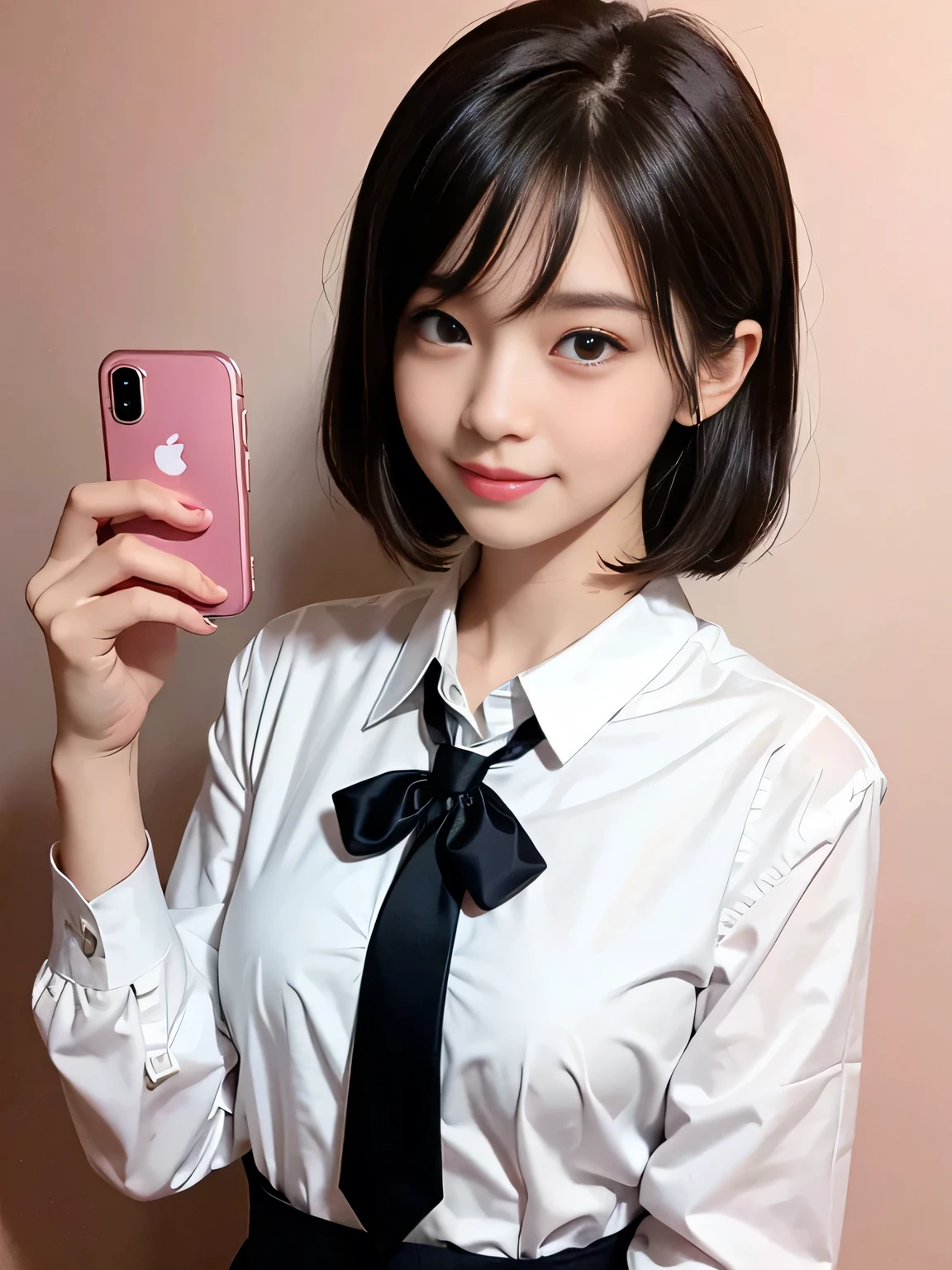 Highest quality、Figures、iPhone,Taking a selfie with a black smartphone、one person、Cute Girls、sexly、Slender、Red tie、White shirt、Navy blue exy))、Very detailed、Fine details、Slim Body、Slender、Japanese Girls、High resolution、8k、wallpaper、Perfect dynamic composition、Beautiful fine details、Short Bob Hair、Big natural color lip、大胆なsexlyポーズ、smile、Cold Stare、17-year-old girl、Cute、Lolita、Good eyesight、whole body、Pink wall、smile、