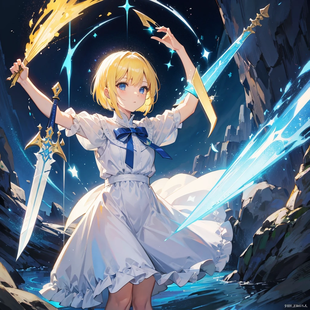 ((((Arthur　Pull the sword from the stone、Sword of Light、Excalibur))))　(((Yellow Hair、Short Bob　blue eyes　White Dress　Goddess of victory)))　((Bathed in light))　(Stained glass、Shine　Illuminated from above)　Shineエッジ　Shine背景