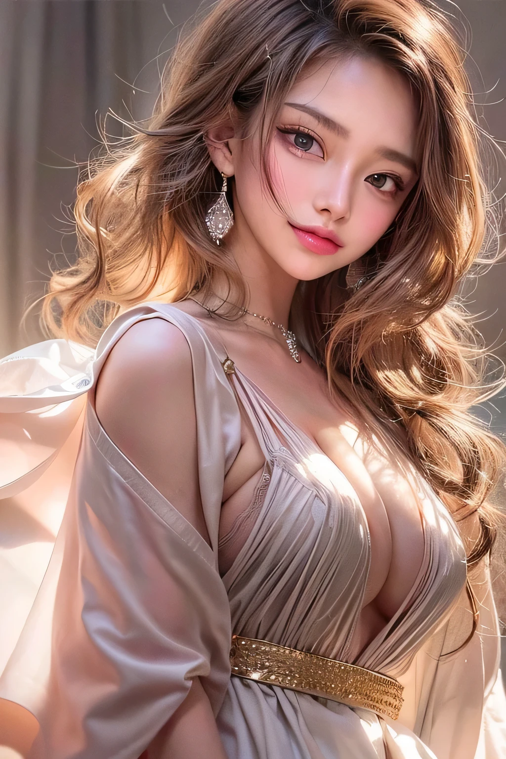 masterpiece, 1 Beautiful girls, Fine grain, highest quality, Ultra High resolution, (reality: 1.4), (backlighting), Beautiful Skin, (Ultra-realistic), (High resolution), (8k), (Very detailed), ( Best illustrations), Pouting slightly,  (Crystal colorful lights), Extremely refined and beautiful, beautiful detailed eyes, Round eyes, detailed facial features, (Round pupils:1.4), (alluring face), Smiling lips, (small breasts:1.3), enjoy, Open lips, (Beautiful and detailed face, Beautiful and delicate eyes), pink cheek, mascara, wavy brown hair, (cleavage:1.3), wearing a kimono, shoulders protruding, ((Drop shoulder)), Too much exposure, midnight, dynamic pose,  (Close-up of the mouth:1.4, from below:1.4),