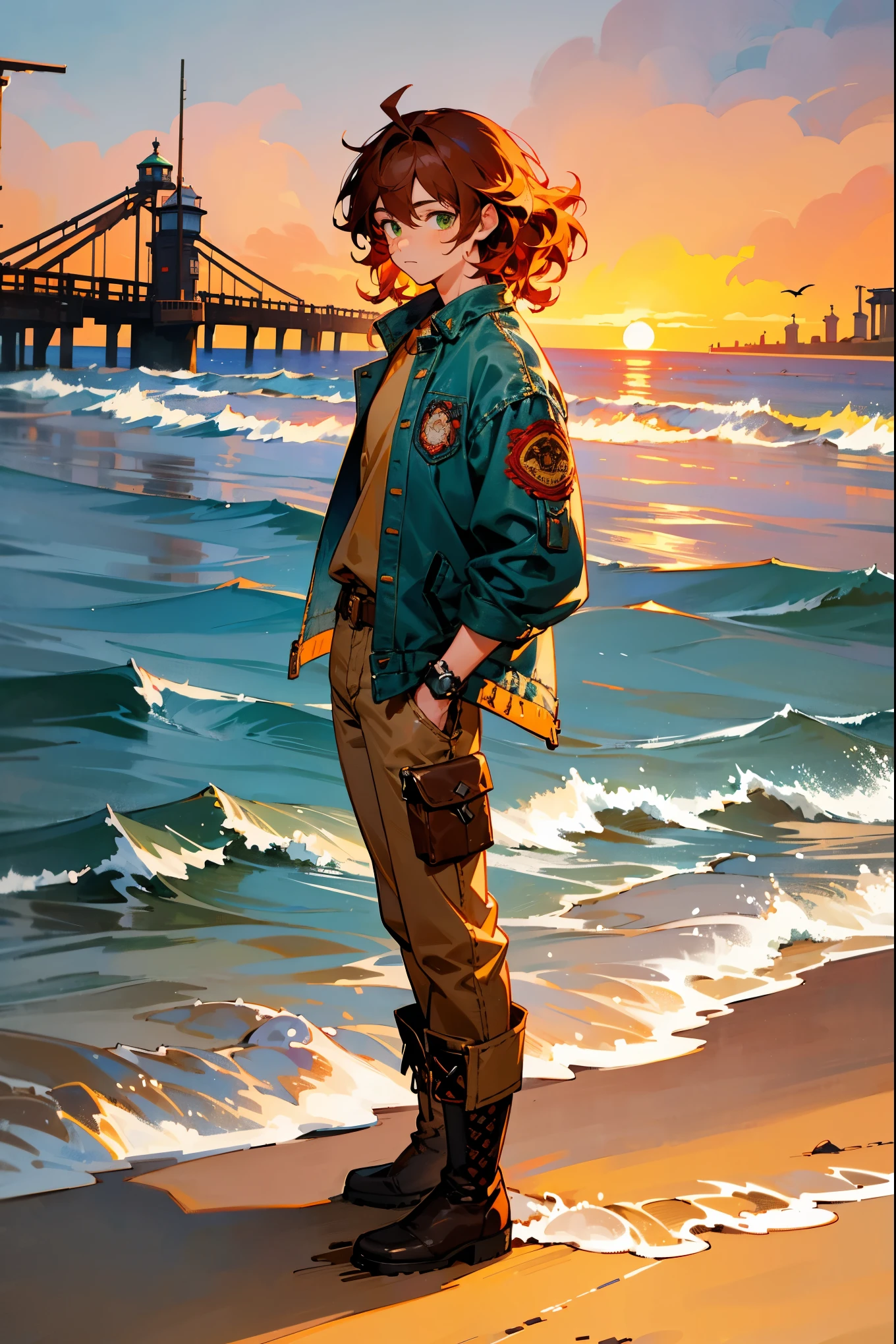 1male, wavy auburn hair, green eyes, relaxed expression, blue denim jacket with flame embroidery, baggy khaki pants, brown boots, beachside pier background with seagulls and sunset, detailed face, masterpiece, 8k, standing on path