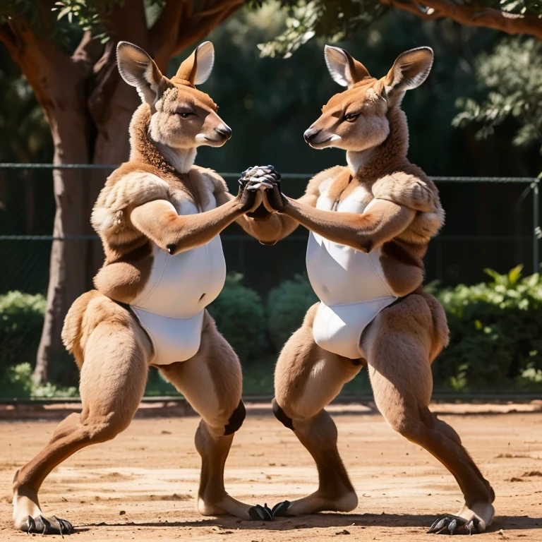 two kangaroos in a zoo enclosure playing with each other, kangaroos, symmetric!, posing ready for a fight, spy kangaroo, two deer wearing suits, posing for a fight, skintight suits, symmetric!!, slightly muscular, kangaroo, very buff, extremely symmetrical, very symmetrical, very symmetrical body, slam dancing creatures