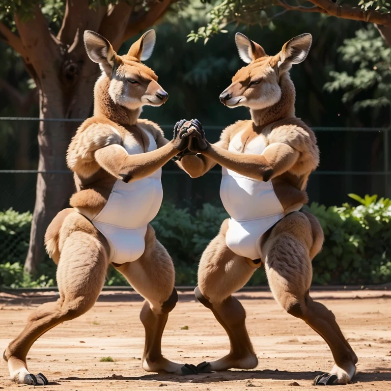 two kangaroos in a zoo enclosure playing with each other, kangaroos, symmetric!, posing ready for a fight, spy kangaroo, two deer wearing suits, posing for a fight, skintight suits, symmetric!!, slightly muscular, kangaroo, very buff, extremely symmetrical, very symmetrical, very symmetrical body, slam dancing creatures
