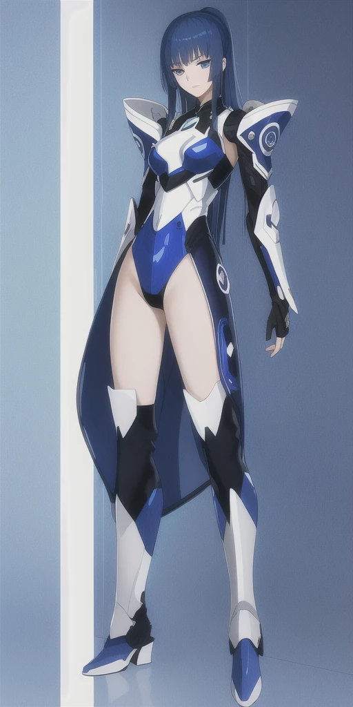 (masterpiece, best quality, Maximum resolution, clearly_image, details): (Solitary, girl, Japanese Face Hole, Blue hair girl, shortcut, Full body picture, small size breasts, Sparkling blue eyes, Metallic white and blue pilot suit, Tight clothing, Clothing that covers the entire body, beauty, slim, Exoskeleton, Sexy pose, Actress, Integral, Knee-high boots)