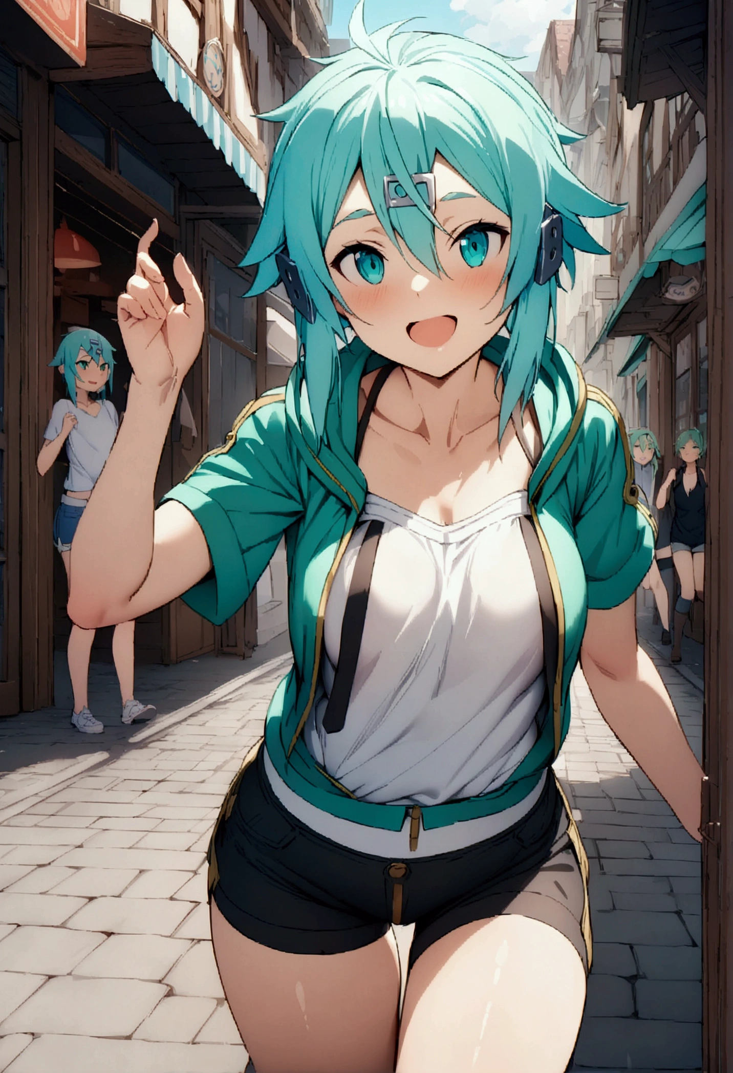 NSFW,masterpiece,Highest quality,High resolution,Very detailed,Sinon\(Sword Art Online\),Hooded parka,Open front clothing,Short-sleeved shirt,Shorts,Happy face,bustling street,Restaurant area