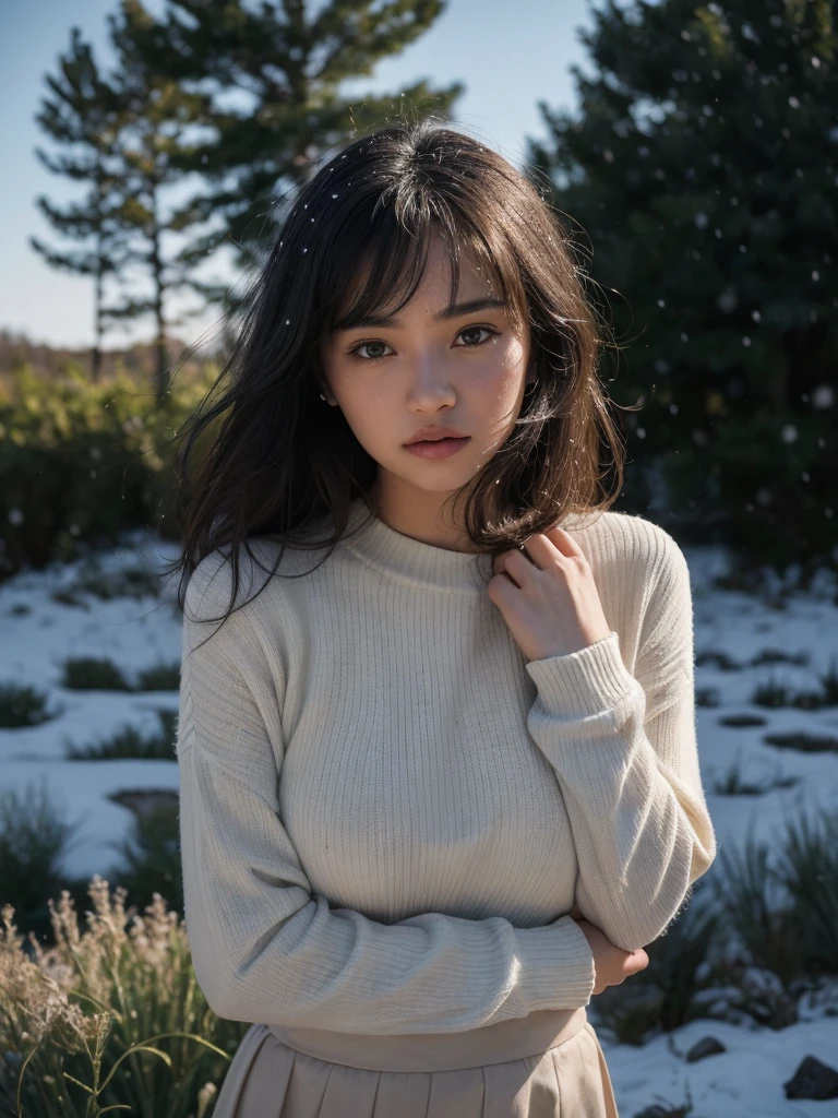 (Full shot:1.4), (Best quality:1.5), blue sky, (it's snowing:1.2), 23y, 1girl, indonesian, (tight ), long sleeve sweater and skirt, (cute face:1.4), wavy short hair blowing in the wind, (bangs:1.2) dramatic selfie posing in meadow with wild plants, kodacrhome, cinematic lighting, beautiful shadow, sunlight, aesthetic, ultra highres, sharp focus, highly detailed, detailed face and eyes, perfect object, film bokeh, surreal view, shot by eos c with 35mm lens, (below angle:1.3), Portrait by annie leibovitz, midjourney v6