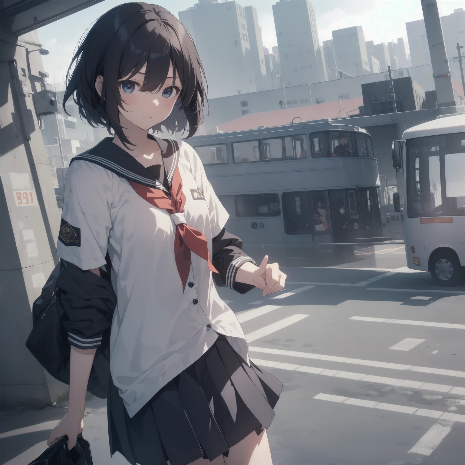 ultra-absurdres-Top quality by artist God, ultra-detailed, high resolution, anime moe artstyle, best anime 8k konachan wallpaper, pixiv contest winner, pool:2810, perfect anatomy,break, 1girl, (Please draw a girl walking sleepily to school alone. )break,(Solo,little female, 13-year-old:1.3),Full limbs, complete fingers,a junior high school student, (very short hair), short cut, flat chest, , small butt, small black eyes, beautiful detailed eyes, well-proportioned iris and pupils, expressive eyes, highres detailed hair, soft expression, salor school_uniform, sailor collar, serahuku, bow, pleated skirt,(Detailed Lighting), (Detailed background), in the School commute route. break,super detailed skin, Best cinematic lighting powered by famous artist, 8k,beauty illustration,photoshop_(medium),very aesthetic,break,((artist:haruhisky )), artist:clamp ,artist:carnelian ,artist:kantoku ,