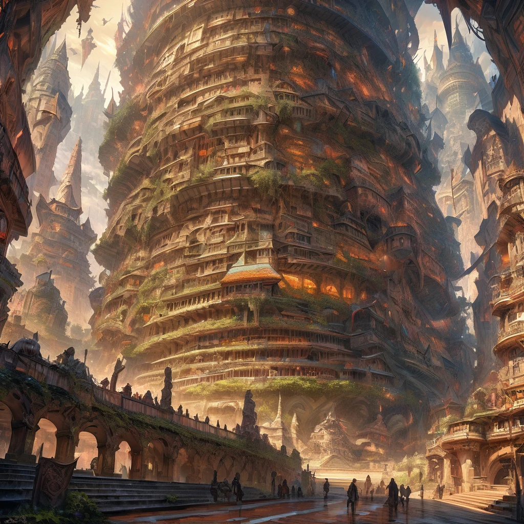 ultra detailed, high resolution, HDR, artwork, best quality, handsome smile, huge tower, layers, epic, surreal monuments