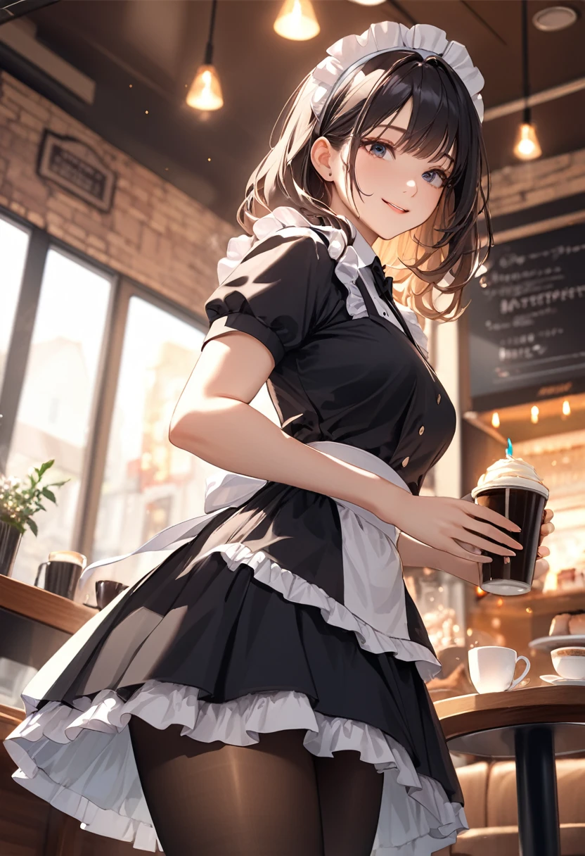 (masterpiece:1.5),(Beat quality),(high res),1girl solo,beautiful face,smilelight effects,Maid uniform mini skirt black pantyhose woman,Cafe,Low - Angle