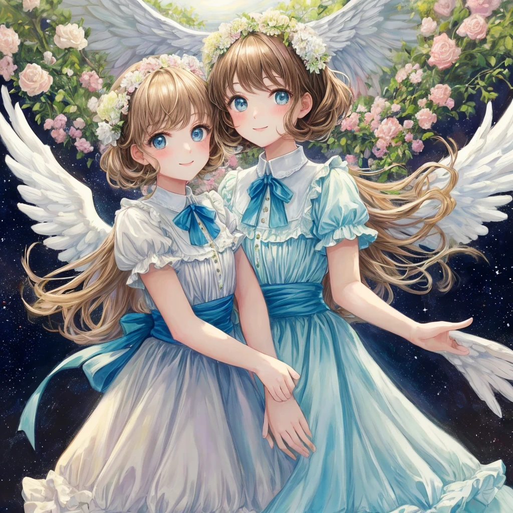 Top quality, Pastel Painting, Soft atmosphere, Twin girls angels, Lovely, White Wings, Smile happily, Different shades of short brown hair, One with blue eyes, A person with green eyes, Skirts of different colors, Flower Hair Accessories, Upper Body, Looking at the audience, space, meteor, Light,