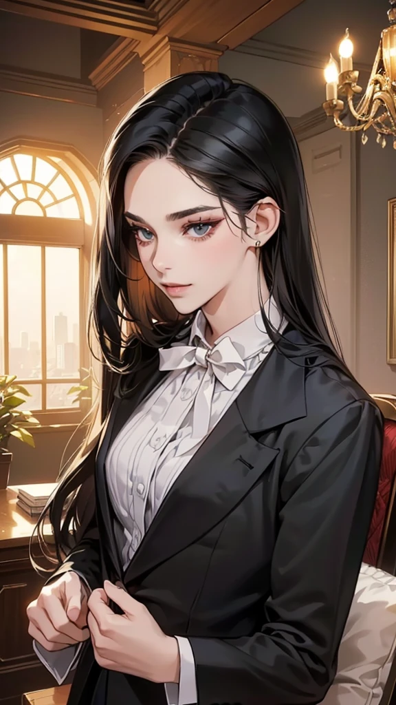 (masutepiece, Digital Art, Digital Illustration, 4K, 8K, Ultra-detailed, beautiful image, Sharp Image, Photorealistic, Raw photo, Perfect face, Perfect lines, Perfect eyes, Soft lighting) 1 woman, (Long Black Hair,straight haired,Bullish gaze,Beautie,Woman in suit,Solid makeup,23 y-o woman,small tits:1.3),Secretary, Two handsome men in suits, (ember,Men in suits,well-muscled,Firm shoulder width,Adult male,Boyish hairstyle,English gentlemanly style,Man in his 30s with a cool expression,28-year-old man with bright smile:1.2),Office scene at night,Antique furnishings,Antique Clamps,Antique chair,chandeliers,Parti、a couple
