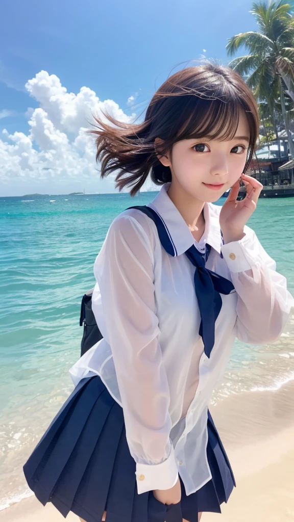 Cute Girls、high school girl、uniform、Idol、See-through、Ocean、Sandy Beach、Fluttering in the wind