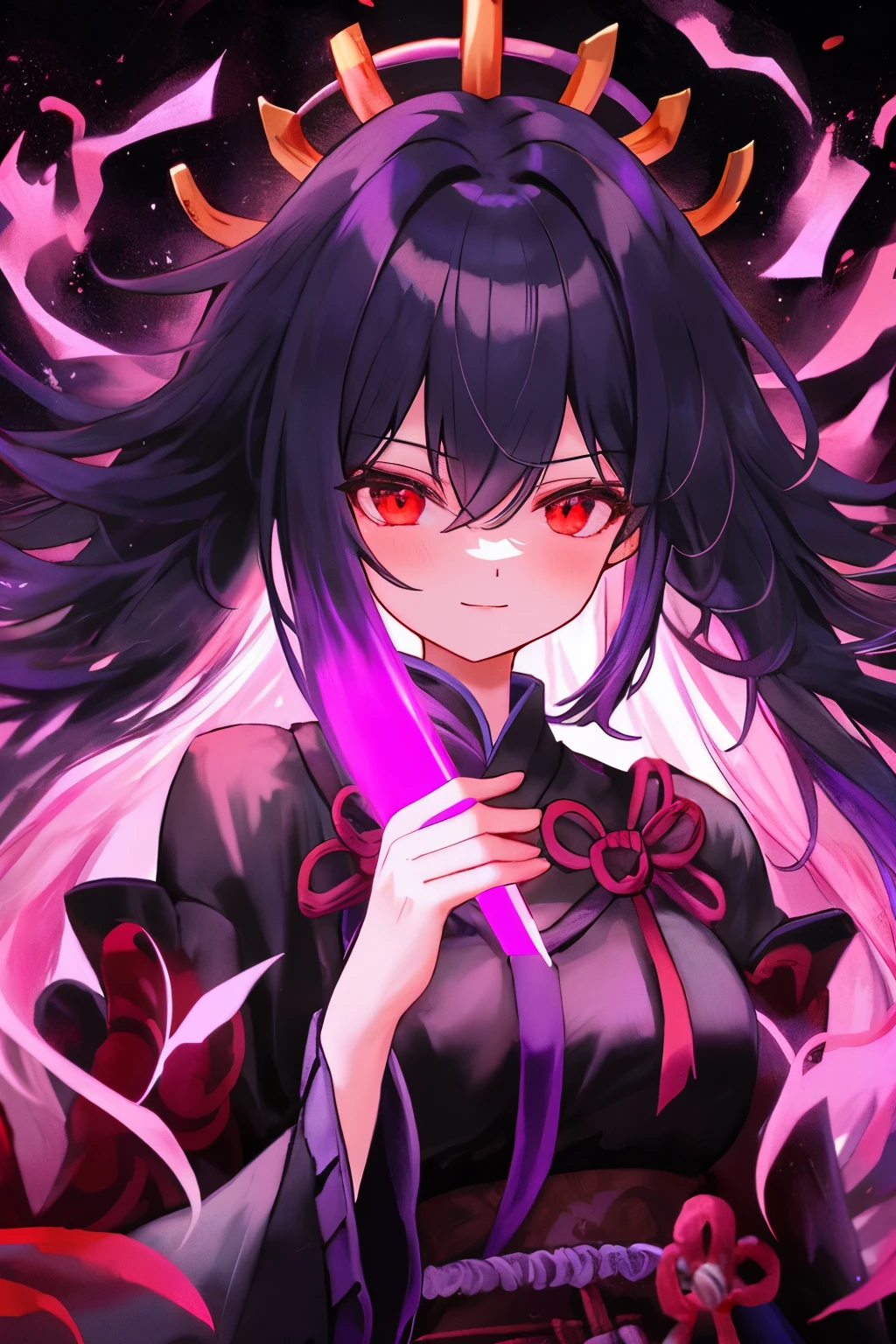 A shadowy female figure with a dark, ethereal aura. She has a relaxed and calm presence with a samurai or ronin aesthetic, dressed in tattered, dark robes and armor with intricate black and purple patterns. Her face is partially concealed by a traditional Japanese oni mask, with glowing red eyes that now have a soft, happy glow. Her long, flowing hair is like black smoke with hints of purple, blending with the shadows around her. She wields a dark katana that seems to absorb light, giving off an eerie purple glow. Despite the darkness, she has a serene and content expression. The background is a peaceful, moonlit night with silhouettes of ancient temples and cherry blossom trees in full bloom. The overall atmosphere is calm and serene, contrasting with her chaotic evil nature, showing a rare moment of tranquility and happiness.