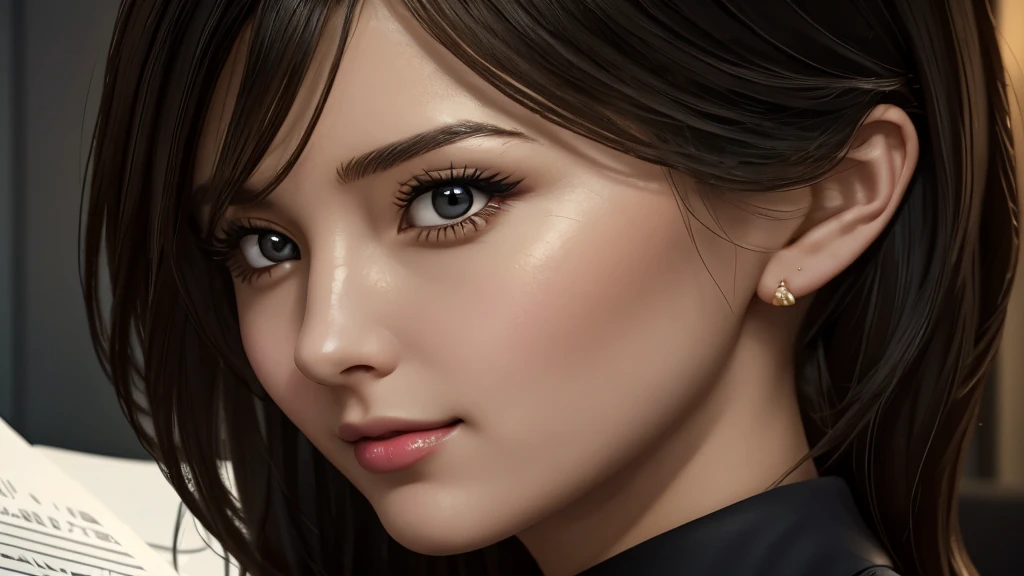 a woman news reporter, woman in business suit and tie, long dark black hair, sitting behind desk with papers, detailed facial features, detailed eyes and lips, photorealistic, 8k, high quality, best quality, ultra-detailed, realistic, high resolution, masterpiece, studio lighting, physically-based rendering, professional