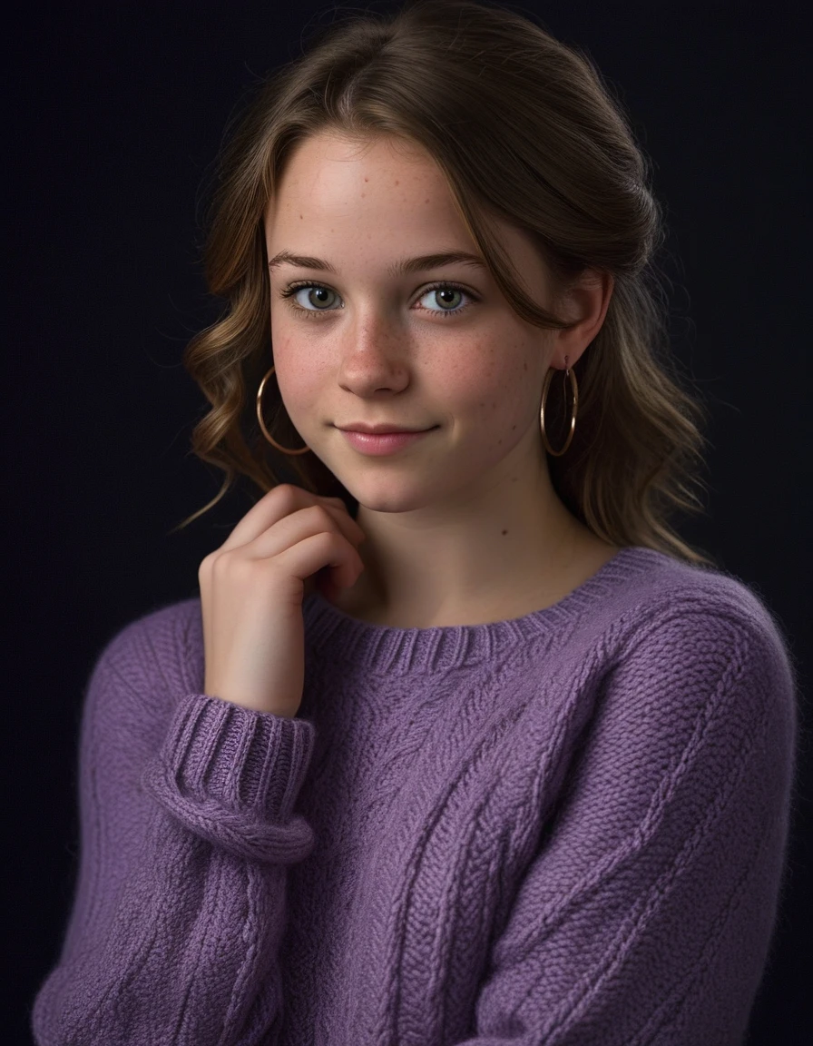 portrait, studio quality, 22 years old DEN_emily_bloomMK2 posing for college photoshoot, shy smirk, dark grey expressive eyes, small freckles, purple knitted wool sweater, hoop earrings, expressive_h, porcelain natural skin texture, dark background, soft lighting from below