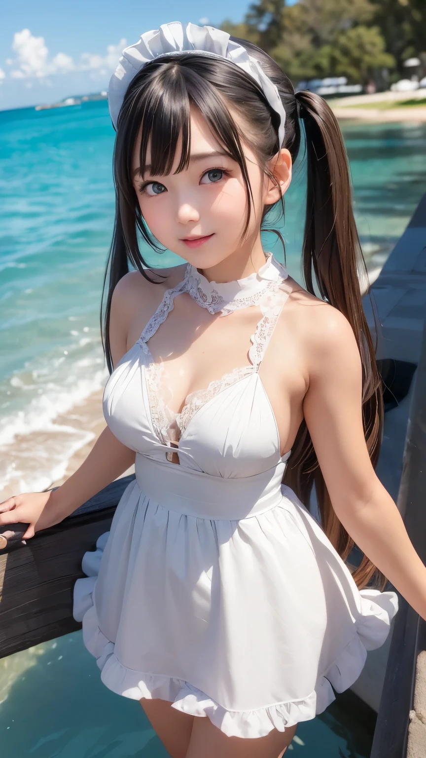 ((masterpiece)), ((highest quality、Ultra high definition)), (Very detailed),8K、Photo quality、((Amazingly cute girl)),16-year-old girl)), Two people, , (Beautiful emerald blue eyes), ((smile)),In the open-air bath overlooking the sea, Beautifully arranged black hair in twin tails、スリムボディー、((Cute lolita maid style swimsuit))、Professional Lighting、(White lace knee-highore detailed and beautiful)、(More details and cutenesore realistic)、((Just wear light clothing))、　((プールで遊んでいる))、