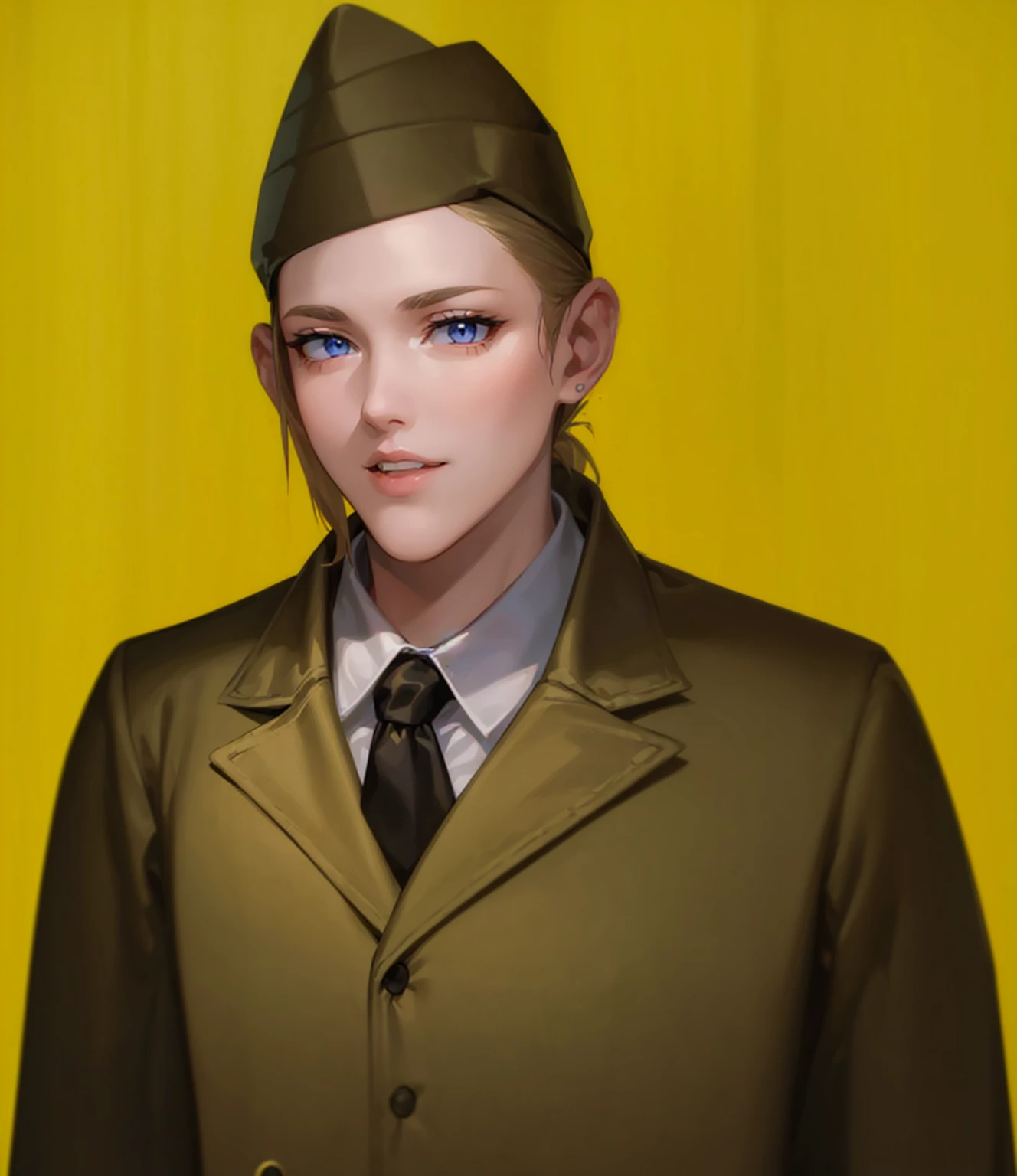 Female, (girls:1.5), (exceptional, best aesthetic, new, newest, best quality, anime, waifu:1.2), best quality, ultra detailed, absurdres, highres, colored, good anatomy, normal eyes, centered eyes, no cockeyed, no cross-eyes black hair, pretty smiling kind face, blonde hair, blue eyes, olive color soft hat, olive color coat, no buttons on the coat, inside white shirt, black tie,