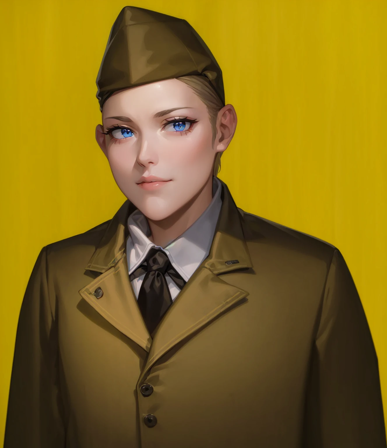 Female, (girls:1.5), (exceptional, best aesthetic, new, newest, best quality, anime, waifu:1.2), best quality, ultra detailed, absurdres, highres, colored, good anatomy, normal eyes, centered eyes, no cockeyed, no cross-eyes black hair, pretty smiling kind face, blonde hair, blue eyes, olive color soft hat, olive color coat, no buttons on the coat, inside white shirt, black tie,