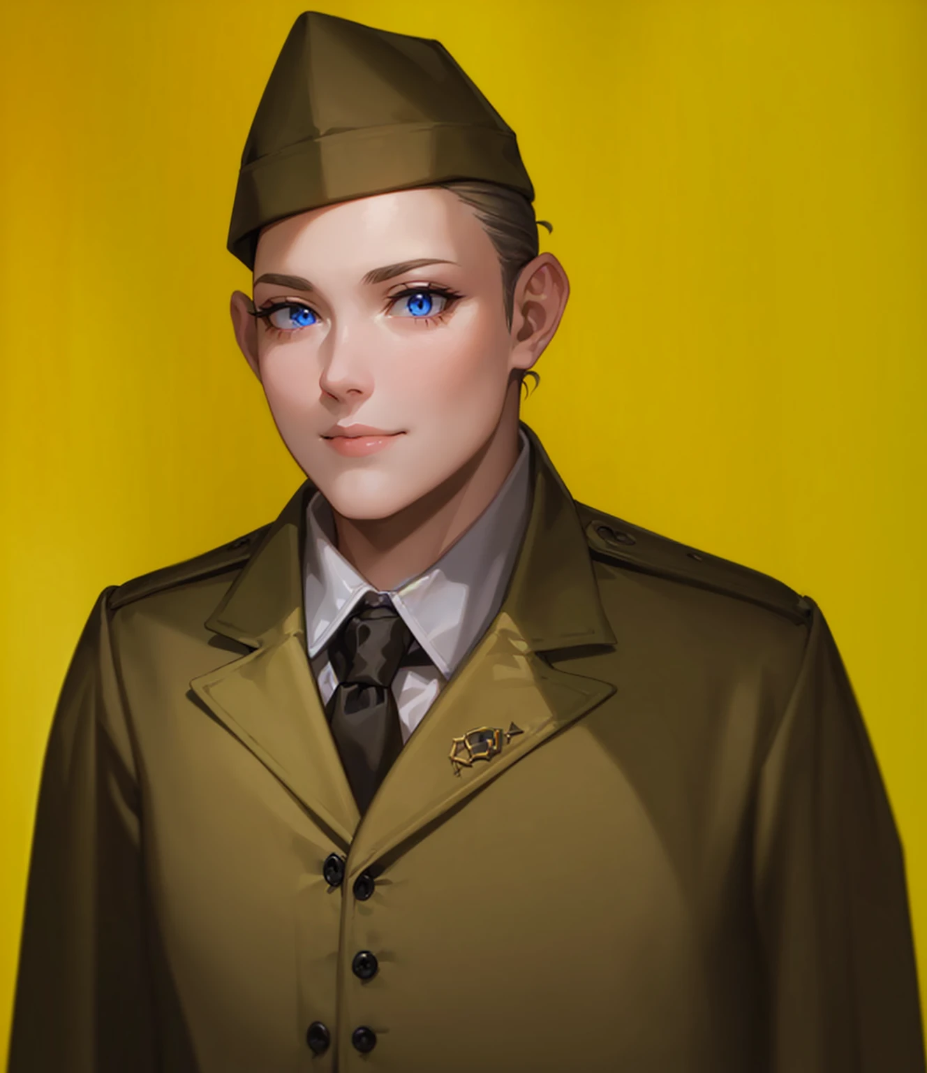 Female, (girls:1.5), (exceptional, best aesthetic, new, newest, best quality, anime, waifu:1.2), best quality, ultra detailed, absurdres, highres, colored, good anatomy, normal eyes, centered eyes, no cockeyed, no cross-eyes black hair, pretty smiling kind face, blonde hair, blue eyes, olive color soft hat, olive color coat, no buttons on the coat, inside white shirt, black tie,