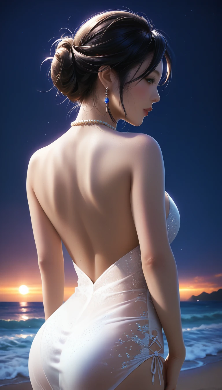 score_9, score_8_superior, score_7_superior, Masterpieces with up to 16K resolution,Highest quality,it is really amazing,Very detailed,Ultra-high resolution,(Ultra-realistic:1.1),(Realistic:1.1),Increased depth of field,Cinematic lighting,
Elegant Japanese MILF,
Long black hair,Ultra-detailed and beautiful faces,Translucent white skin,Very detailedな肌,
(Elegant white swimsuit:1.1),
Bold design,Artistic design,Beautiful and detailed pattern,Detailed fabric texture,
Gorgeous necklace,Earrings,
(Bali Beach:1.1),(Dark beach at night:1.1),(Deserted beach:1.1),(A pitch black night sky with dark clouds:1.1),
(Beautiful back view:1.1),