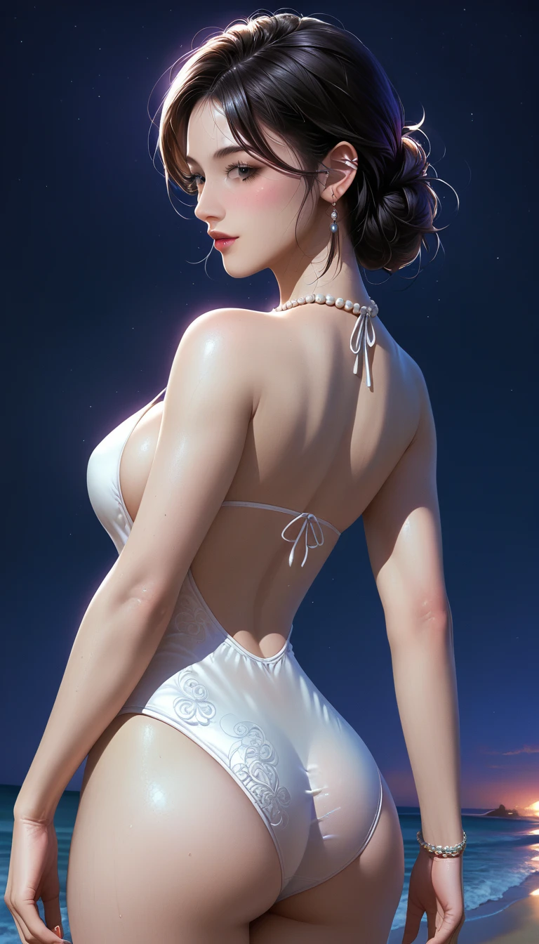 score_9, score_8_superior, score_7_superior, Masterpieces with up to 16K resolution,Highest quality,it is really amazing,Very detailed,Ultra-high resolution,(Ultra-realistic:1.1),(Realistic:1.1),Increased depth of field,Cinematic lighting,
Elegant Japanese MILF,
Long black hair,Ultra-detailed and beautiful faces,Translucent white skin,Very detailedな肌,
(Elegant white swimsuit:1.1),
Bold design,Artistic design,Beautiful and detailed pattern,Detailed fabric texture,
Gorgeous necklace,Earrings,
(Bali Beach:1.1),(Dark beach at night:1.1),(Deserted beach:1.1),(A pitch black night sky with dark clouds:1.1),
(Beautiful back view:1.1),