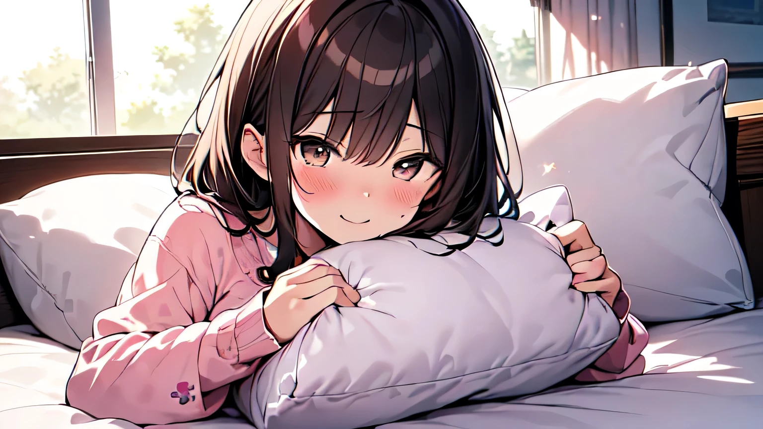 Let's think step by step,Highest quality, masterpiece, Ultra-high resolution, 8k,Show anime style , Soft line art, Digital Enhancement, shojo anime touch, shojo manga core, Flowing fabric, close, Soft Drawing, Ultra High Definition Digital Anime Art, Clear facial depiction, Highly detailed girl manga character art, Ultra-detailed manga style, Highest qualityの色, 1people々 woman,(A woman with short brown hair),Beautiful brown hair, Clear brown eyes, A little chubby,Small breasts,pajamas,((She is sleeping in bed with a blanket.)),I sleep in the same bed and watch over her.,Peaceful sleeping face,She wakes up,Say "good morning",((She slept on her stomach, She rested her cheek on the pillow, She turned to me and smiled sweetly..))。Cute smile,(Focus on the face),(((1 photo)))