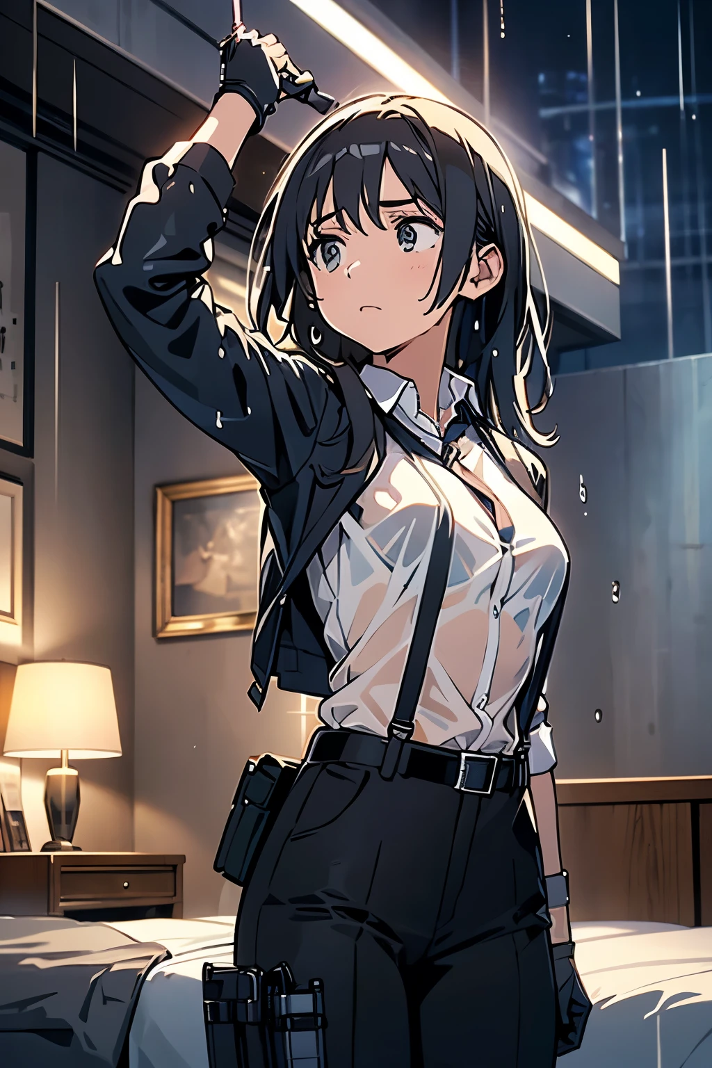 1 female, , high quality, masterpiece, Ultra-high resolution, , Cinema Lighting, , , And the suspenders with the cranes flying Large Breasts Small face holster Lying in bed Looking up Sweat belt summer 脇Sweat Black Hole Gloves suit shirt Black jacket Black trousers Leg Links ズボンにbelt holster Hands behind your back Anxious expression Looking up Anxious face, legs apart Armament Handgun handcuffs Cable ties レッグholster holster See-through clothing heavy rain Getting wet in the rain