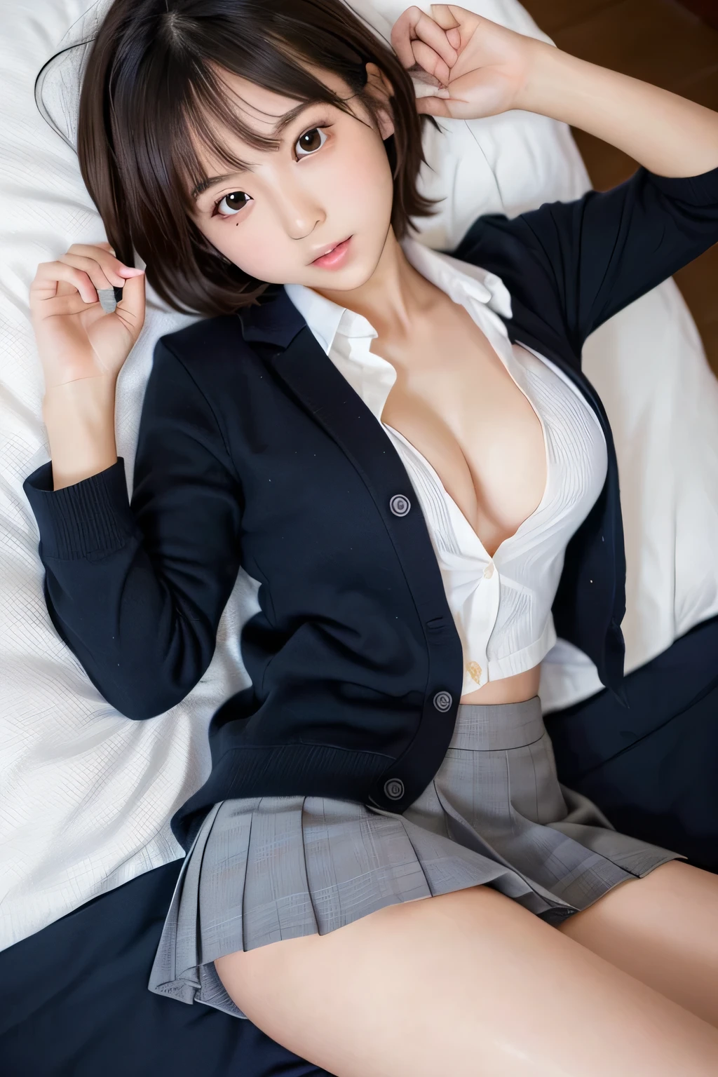 8K, Top Quality, Real Image, Complex Detail, Ultra Detail, Ultra Detail, Ultra High Definition, Depth Field,(Photorealistic,Real:1.2),Masterpiece, 0.25 :: Close Up , Straight On Shot , From Middle ,
1girl, ai_chan, Very beautiful 17 year old girl, Innocent big eyes, (Brown_SHORT_hair), (GREEN_eyes:1.0),(Bangs),disheveled hair,(hair clip), Perfect shiny skin, Perfect skin, Fair skin, Huge breasts, Cleavage, Narrow waist, Light blush, Solo, Look at the viewer, Light smile,
chubby under clothes, sweat,
Wear ((school_uniform), (white_skirt), (BLUE_Long_Tie), (BLUE_pleated_skirt), (Black_pantyhose): 1.2),
(Gravure Pose: 1.1),
sunset
Japan High School ,Flipping skirt with hands, showing white panties, skirt twisting to show panties, big, sensual, showing white panties, flipping skirts, flipping skirts, rolling up scars with hands, showing underwear, showing pants with your own hands, panty shots, barefoot, open legs