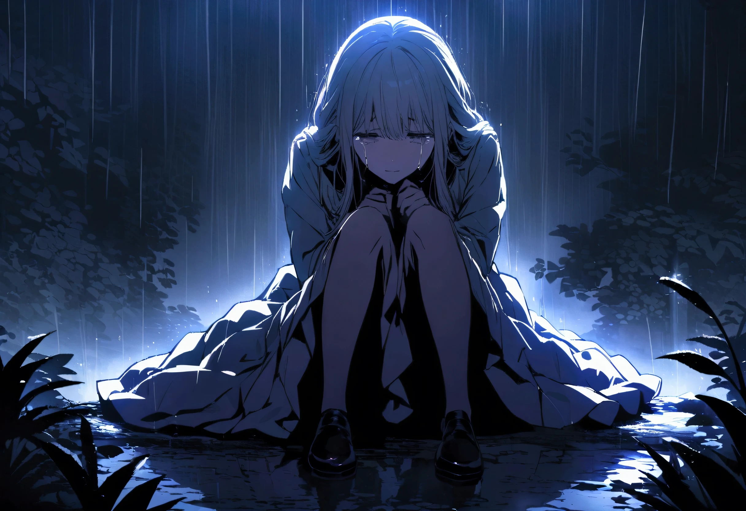 (Highly detailed CG Unity 8k wallpaper), Outdoor Garden,Beautiful young woman in the rain, Are crying,skirt, sit, full_body, dramatic, バックLight, Light, Volumetric Lighting, Delicate face, Simple Background