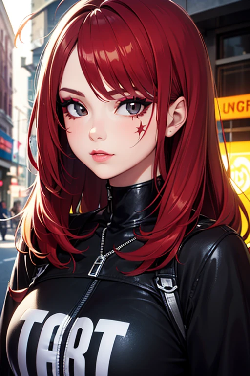 beautiful girl, Half-length portrait, short, bright red, messy hair, black eye shadow, (street style clothing:1.2), (Urban Fund:1.2), heavy makeup, Digital art, trend at the art station, highly detailed, The finer details, complex, beautiful detailed glow, detailed, cinematic light, High resolution, detailed facial features,sharp focus, seeds, beautiful,