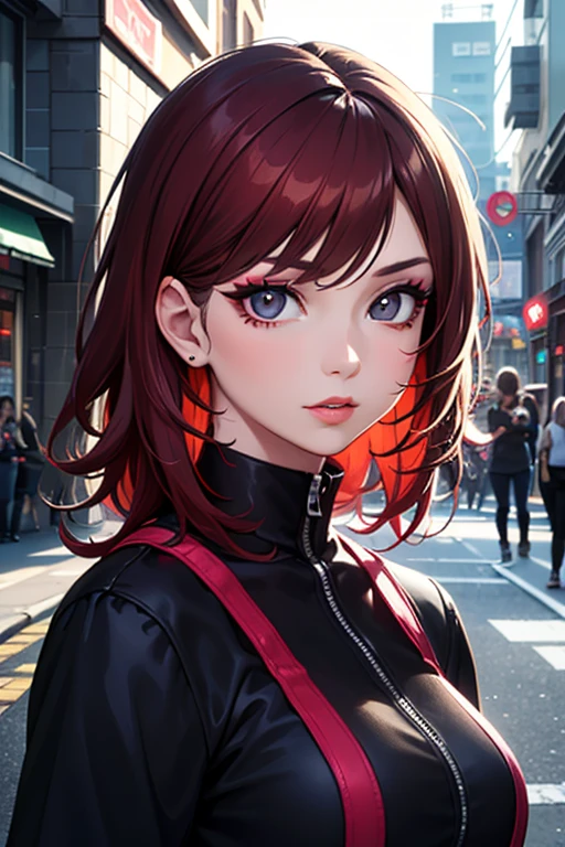 beautiful girl, Half-length portrait, short, bright red, messy hair, black eye shadow, (street style clothing:1.2), (Urban Fund:1.2), heavy makeup, Digital art, trend at the art station, highly detailed, The finer details, complex, beautiful detailed glow, detailed, cinematic light, High resolution, detailed facial features,sharp focus, seeds, beautiful,