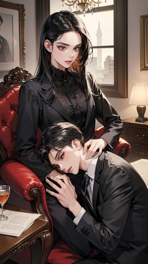(masutepiece, Digital Art, Digital Illustration, 4K, 8K, Ultra-detailed, beautiful image, Sharp Image, Photorealistic, Raw photo, Perfect face, Perfect lines, Perfect eyes, Soft lighting) 1 woman, (Long Black Hair,straight haired,Bullish gaze,Beautie,Woman in suit,Solid makeup,23 y-o woman,small tits:1.3),Secretary, Two handsome men in suits, (ember,Men in suits,well-muscled,Firm shoulder width,Adult male,Boyish hairstyle,English gentlemanly style,Man in his 30s with a cool expression,28-year-old man with bright smile:1.2),Office scene at night,Antique furnishings,Antique Clamps,Antique chair,chandeliers,Parti、a couple、couple kissing、kiss、the kiss、Romance、