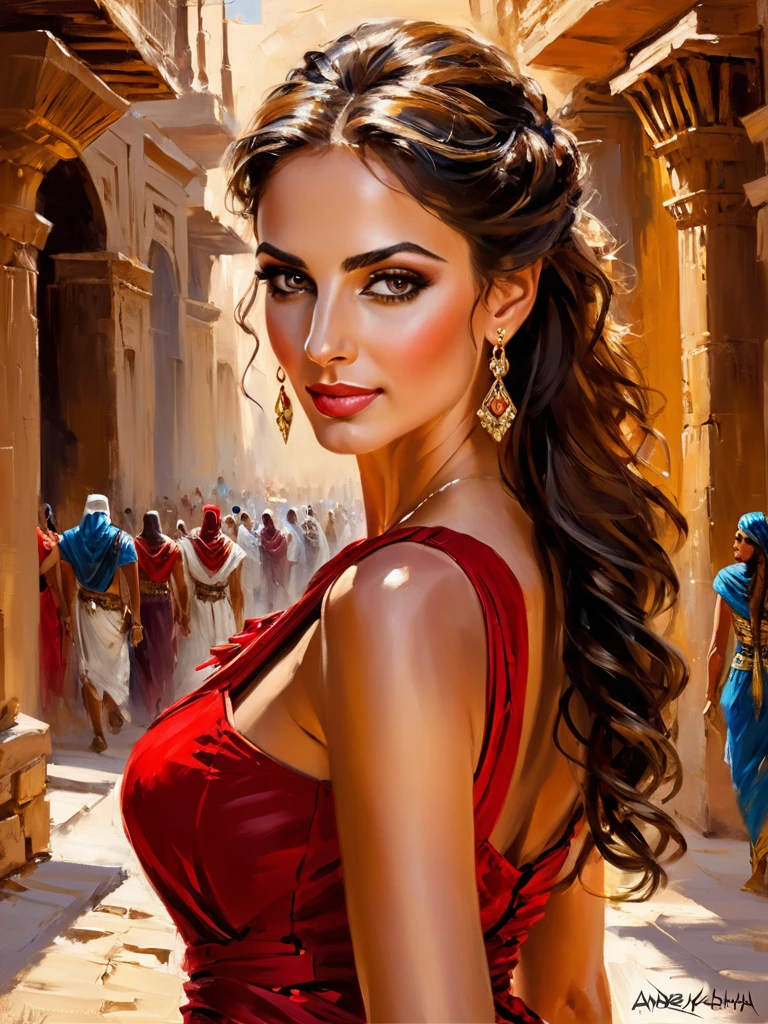 impressionist painting art by andrew atroshenko, sexy beautiful girl in a long red dress on the streets of ancient Egypt, (close portrait:1.3), (Feminine:1.4), (beautiful:1.4), (attractive:1.3), handsome, perfectly detailed eyes, upper body view, breasts focus, looking back loose brushwork,vibrant color,light and shadow play,captures feeling over form