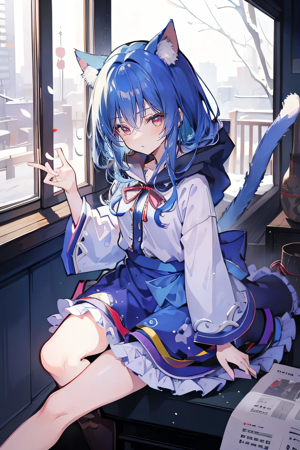 （masterpiece：1.2），Super detailed，lifelike，Expressive eyes，fair skin，perfect face shape，1 girl，
Japanese comics,Gorgeous blue hair,flowing blue hair,flowing clothes,Cat ears,Petals fall,beautiful lola,Baby Angel,
Shaking head with one hand，Cross your legs，smile, wearing hoodie, ,back views,snowing, winter，City Street Scene，winter。sitting on window， looking out the window，Turn your back to the audience。