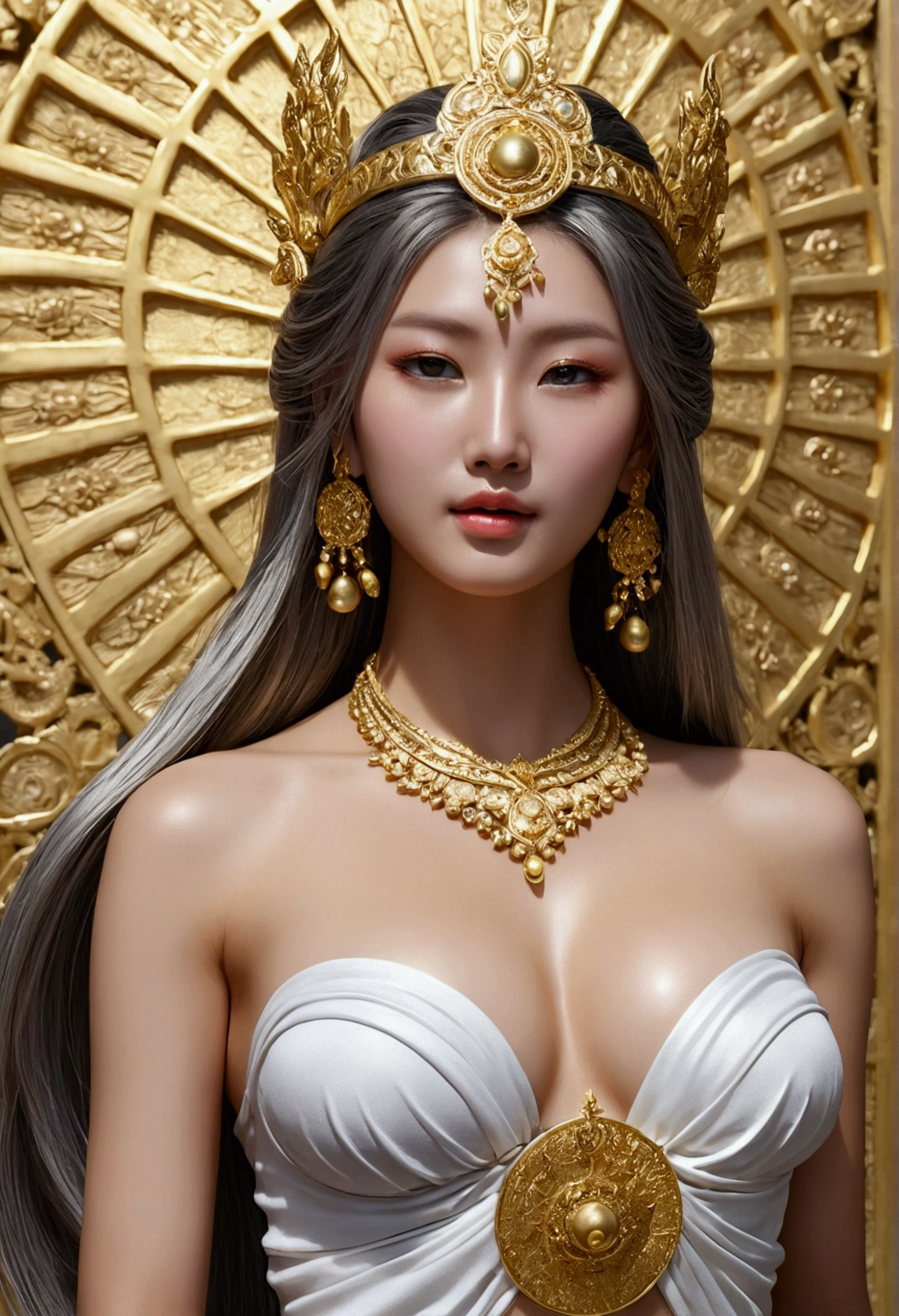 Bodhisattva exposing the of a pretty woman, god々Shii The whole is platinum Facing forward Hair colour: white gold The skin is also platinum Wearing ornaments Attention to detail, Hyperrealism, Stereogram, godの光線, 超High resolution, masterpiece, Textured skin, Highest quality, High resolution Woman with a pretty face Shining white gold The background is also a color close to platinum.