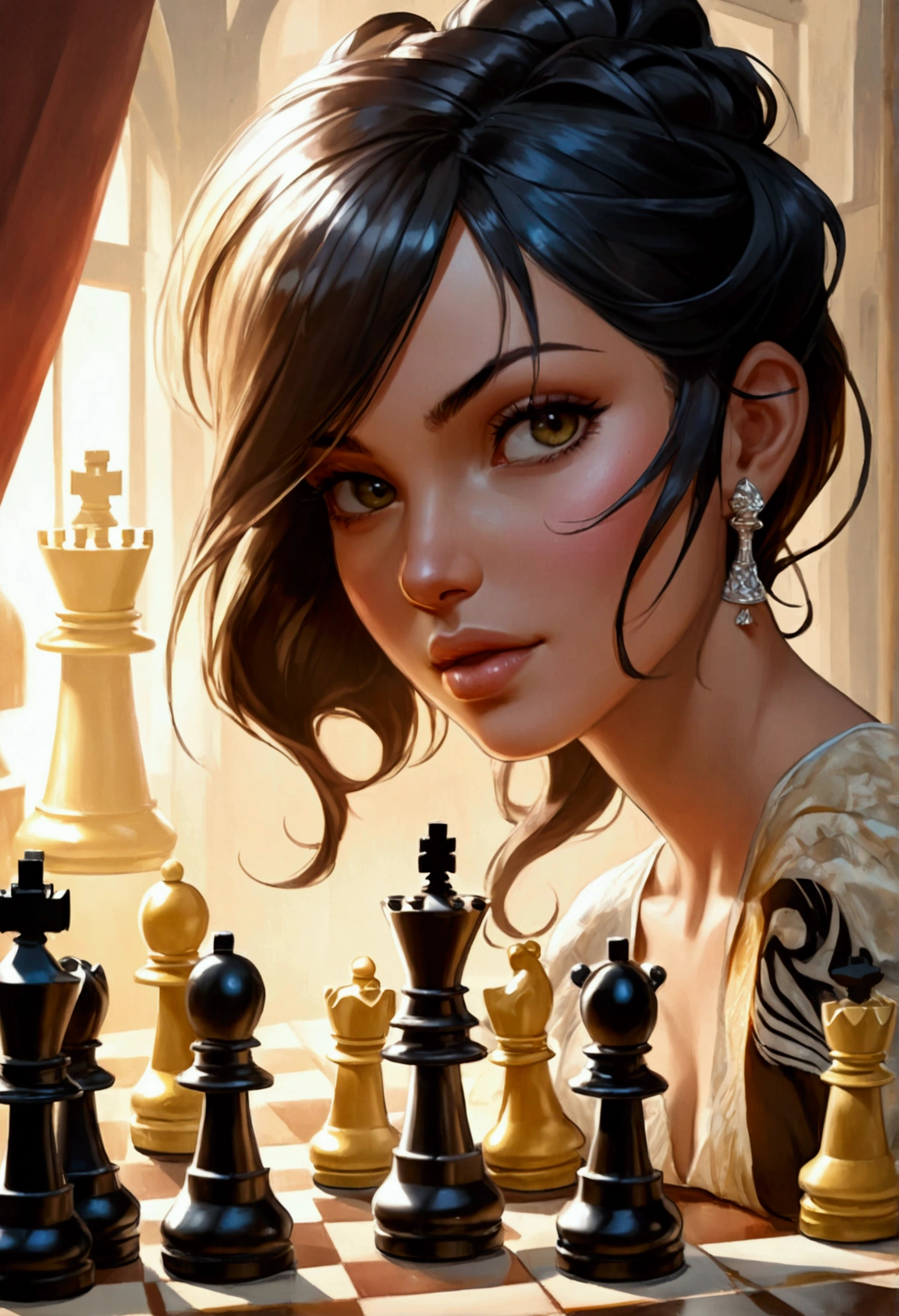 a picture of a woman winning chess game, a beautiful woman ((full body shot: 1.5)), ((anatomically correct: 1.5)) (ultra detailed face: 1.4), dynamic skin complexion, dynamic hair style, dynamic hair color, ((winning a chess game: 1.5)), at chess tournament, she is dressed in elegant dress, intricate dress, dynamic color dress, dynamic style dress, wearing high heels, a look of satisfaction, a look of victory, a look of overcoming great obstacle, chess tournament background,  vibrant, Ultra-high resolution, High Contrast, (masterpiece:1.5), highest quality, Best aesthetics), best details, best quality, highres, 16k, [ultra detailed], masterpiece, best quality, (extremely detailed), Cinematic Hollywood Film style